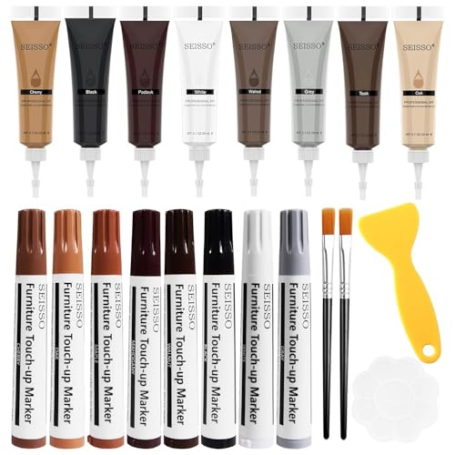 SEISSO Wood Furniture Repair Kit- 8 Colors Wood Fillers and Touch Up Markers, New Upgrade Wood Repair Kit, Wood Markers for Scratches Stains- Restore Wooden Table, Cabinet, Floors, Door, 20 Sets - size: 8+8 colors kit