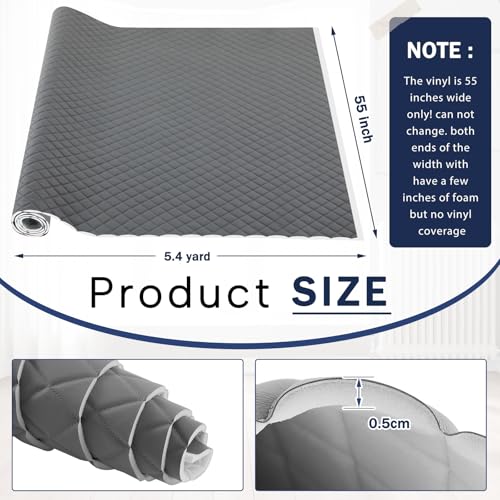 SmoothNovelty 2.1 Yards Diamond Quilted Vinyl Headliner Material 55 in Wide Faux Leather with Foam Backed 2" x 3" Diamonds Pattern Fabric for Car Furniture Upholstery(Dark Gray, White Thread) - color: Gray, size: 2.1 Yards