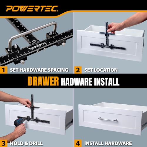 POWERTEC Cabinet Hardware Jig for Knobs & Pulls, Adjustable Drill Guide Template with 5mm Drill Bit, 1"–16" Centering Range, Metric & Imperial Scales for Cabinet Door & Drawer Installation (72427) - style: Cabinet Hardware Jig for Knobs & Pulls