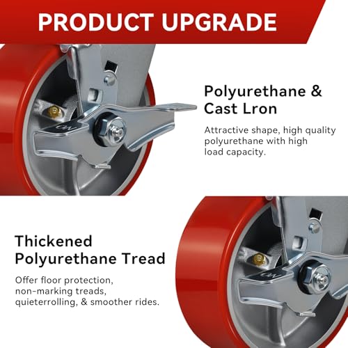 5"x2" Industrial Casters- Heavy Duty casters,Polyurethane Casters Wheel,Capacity up to 4000 Lb. Use for Platform Truck, U-Boat Cart,Workbenches(4 Brake) - style: 5 inch