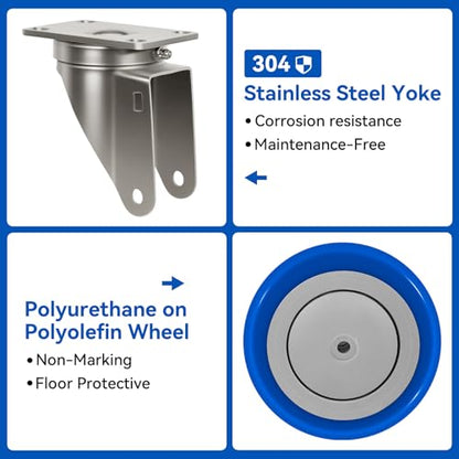 5" Stainless Steel Casters, Swivel Industrial Casters Set of 4 Heavy Duty, Anti-Corrosion Rust-Proof Plate Polyurethane Caster Wheels for Cart (2 Brake& 2 Rigid) - style: 2 Brake&2 Rigid