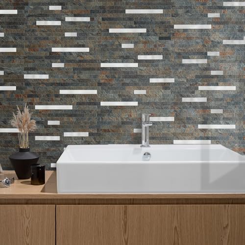 AULIGET 2 Sheets Rust Slate Peel and Stick Backsplash, PVC Mixed Metal Silver Wall Tile Stick on Backsplash for Kitchen and Bathroom - color: Rust Slate + Metal Silver, size: 2 Sheets, 6"x12"x0.12"