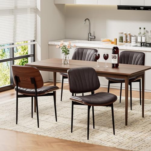 REONEY Dining Chairs Set of 4, Mid-Century Modern Kitchen Chairs, Brown - color: Dark Brown Shell Strips