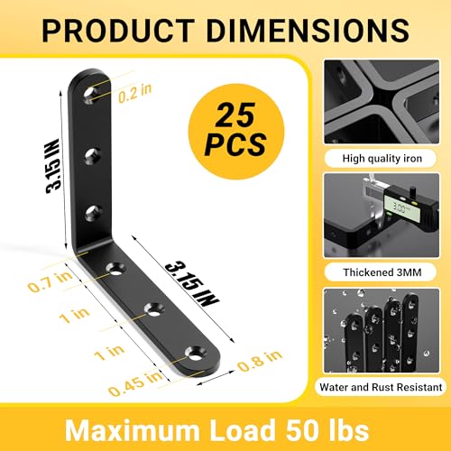 25Pcs Black Angle Brackets 3”x 3” Heavy Duty Corner Bracket 3MM for Wood - size: Black-3x3 Inch