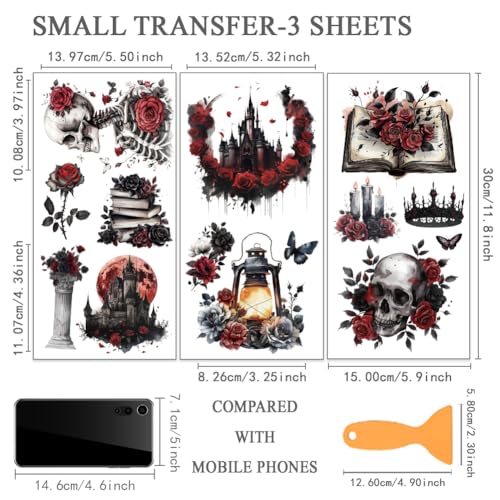 OLYCRAFT 3Pcs/Set Gothic Rose Rub on Transfers for Furniture and Crafts 6x12 Inch Skull Furniture Decals Decor Red Moon Transfer Stickers with 1pc Scraper for Glass Cups Cabinets DIY Home Decor - style: Gothic