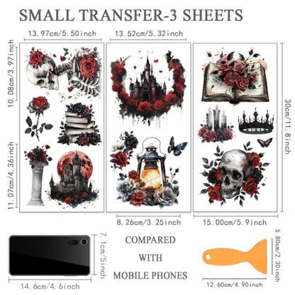 OLYCRAFT 3Pcs/Set Gothic Rose Rub on Transfers for Furniture and Crafts 6x12 Inch Skull Furniture Decals Decor Red Moon Transfer Stickers with 1pc Scraper for Glass Cups Cabinets DIY Home Decor - style: Gothic