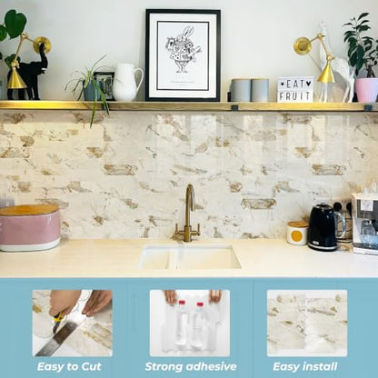 Vamos Tile Fish Scale Peel and Stick Backsplash Tile - color: Glossy Pandora Marble with Gold Veining