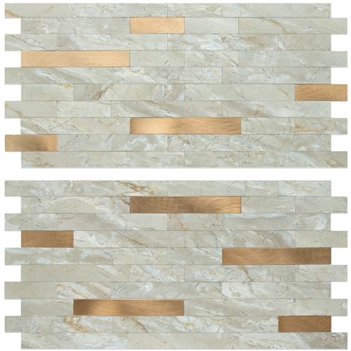 AULIGET 2 Sheets Faux Stone Peel and Stick Backsplash, Light Brown Marble Look PVC Wall Tiles Stick on Backsplash for Kitchen - color: Light Brown, size: 2 Sheets, 6"x12"x0.12"