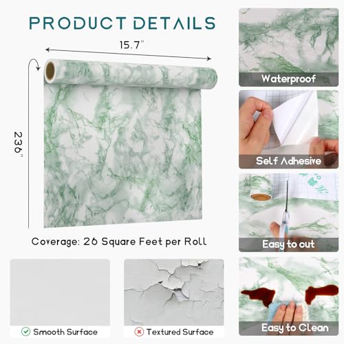 VEELIKE Glossy Green Marble Countertop Contact Paper Waterproof Kitchen Countertop Peel and Stick Marble Wallpaper for Walls Table Bathroom 15.7''x236'' Self Adhesive Countertop Vinyl Laminate Sheet - size: 15.7" x 236"