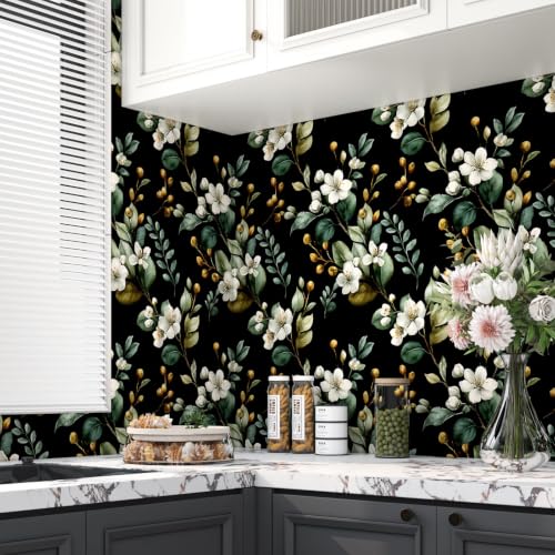Black Green Dark Moody Floral Peel and Stick Wallpaper 17.5" x 393" - color: Black/Green/White, size: 17.5" x 393"