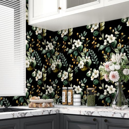 Black Green Dark Moody Floral Peel and Stick Wallpaper 17.5" x 393" - color: Black/Green/White, size: 17.5" x 393"