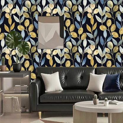 Black and Gold Leaf Peel and Stick Wallpaper 17.7" x 70.8" - color: Blue/gold/Black, size: 17.7" x 70.8"