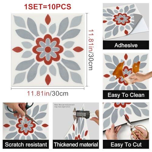 HOMETITUTE Nordic Red Grey Flower Peel Stick Floor 12x12 in Vinyl Flooring - color: Red