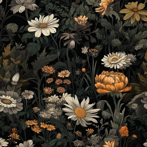 Black Floral Peel and Stick Wallpaper, Vintage Dark Botanical Contact Paper, Gold Daisy Self Adhesive Vinyl Wall Paper Waterproof&Removable Renter Friendly Wallpaper for Bedroom Cabinet 17.5" x 118" - color: Black Chrysanthemum, size: 118" x 15.7"