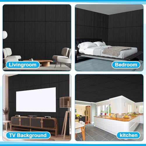 Nuanchu 18 Pack 4x2 FT 3D Slat Wall Panels Large PVC Fluted Panel Decorative Cuttable Glue up Drop Ceiling Tiles for Interior Wall Art Living Room Bedroom Bathroom TV Background Studio(Black)