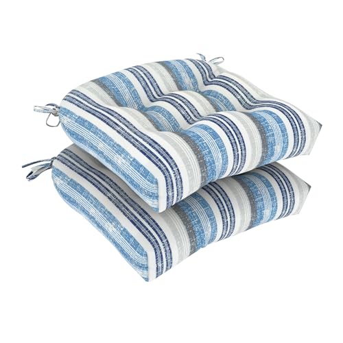 DYTXIII Set of 2 Outdoor Chair Cushions 19"x19"x4", Water Repellent Tufted Patio Seat Cushions with Ties, Thick Replacement Pads for Wicker Dining Chairs, Patio Furniture, Stripe Layered Blue - color: Stripe Layered Blue