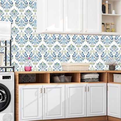 BOKEBEVE Boho Floral Peel and Stick Wallpaper Blue White 17.5 x 393.5In - color: Blue/White, size: 17.5" x 393.5"