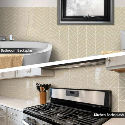 10 Sheets Thicker Herringbone Peel and Stick Backsplash(Beige,12.6”x9.9”) - color: Beige
