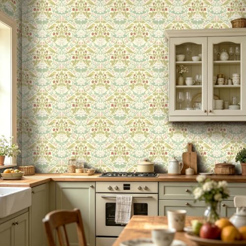 BOKEBEVE Bird Floral Wallpaper Peel Stick Beige Yellow Green 17.5 x 118In - color: Beige/Yellow, size: 17.5" x 118"