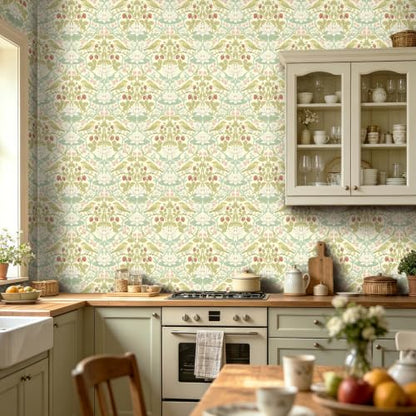 BOKEBEVE Bird Floral Wallpaper Peel Stick Beige Yellow Green 17.5 x 118In - color: Beige/Yellow, size: 17.5" x 118"