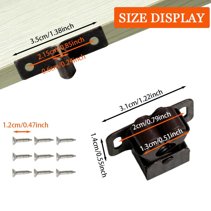 2 Pcs Cabinet Latch with Screws, Double Roller Catch Hardware for Closet Cupboard Doors, Heavy Duty Bronze Finish for Kitchen & Bathroom Cabinets