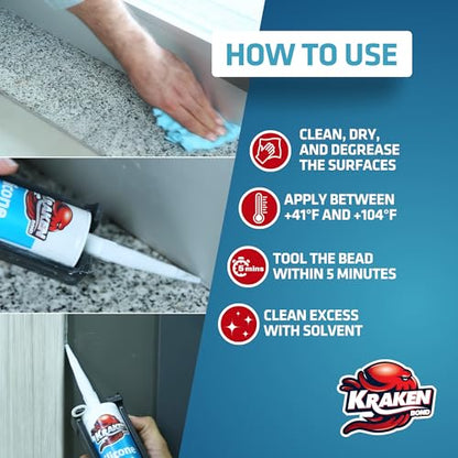 Kraken Bond RTV Silicone Sealant Gray (48 x 10.1 fl.oz.)%100 Waterproof Silicone Caulk Kitchen and Bathroom, All Purpose, Window Caulking Sealant Outdoor, RV, 48 Pack