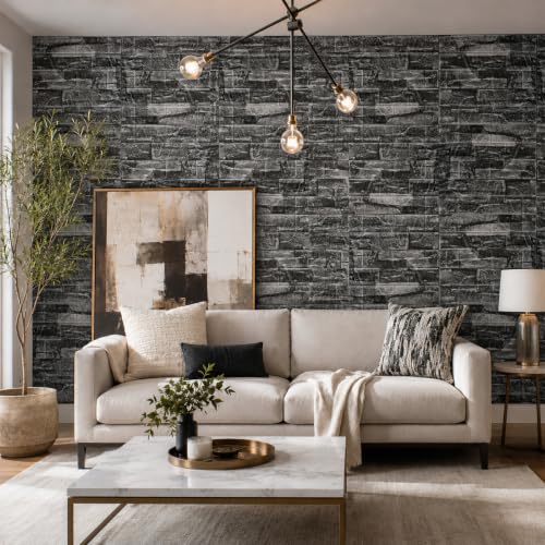 3D Wall Panels Peel and Stick Faux Foam Brick Wallpaper Covering - color: Rock Black, size: 40 Pcs