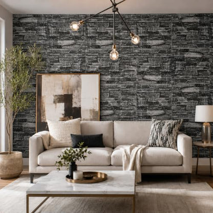 3D Wall Panels Peel and Stick Faux Foam Brick Wallpaper Covering - color: Rock Black, size: 40 Pcs