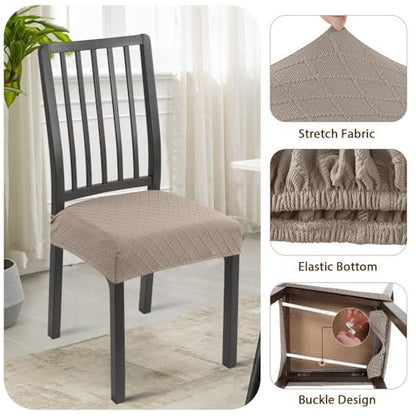 SearchI Dining Chair Seat Covers Set of 4, Rear Covered, Check Khaki - color: Check Jacquard Khaki