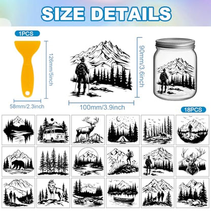 GLOBLELAND 18 Sheets Forest Mountains Silhouette Transfer Stickers 3.9x3.6inch Forest Camping Transfer Decal Rub on Transfer for Cup Decal Vase Glass Art Crafts Decorations - style: Forest Mountain