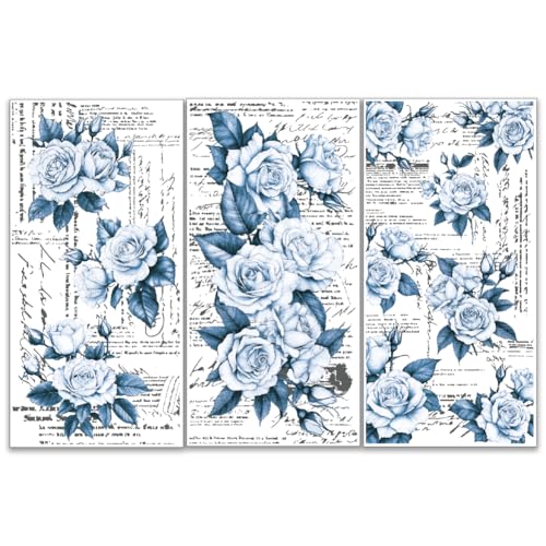 OLYCRAFT 3pcs/Set Blue Rose Rub on Transfers for Furniture and Crafts 6x12 inch Vintage Floral Transfer Sticker Furnitures Decal Decor Transfer Stickers Rub on Decals for Wood Home - style: Blue Roses
