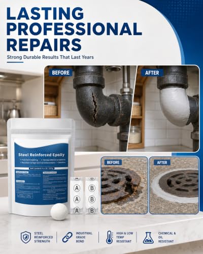 Steel Reinforced AB Epoxy Putty,High Strength Waterproof Heatproof Repair Clay,Multipurpose 2-Part Epoxy Filler for Pipes,Railings,Metal,Wood,Stone,Ceramic & Plastic Surface Restoration