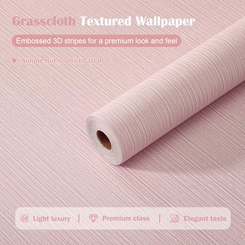 Grasscloth Textured Peel and Stick Wallpaper,Pink,24"x394" - color: Pink