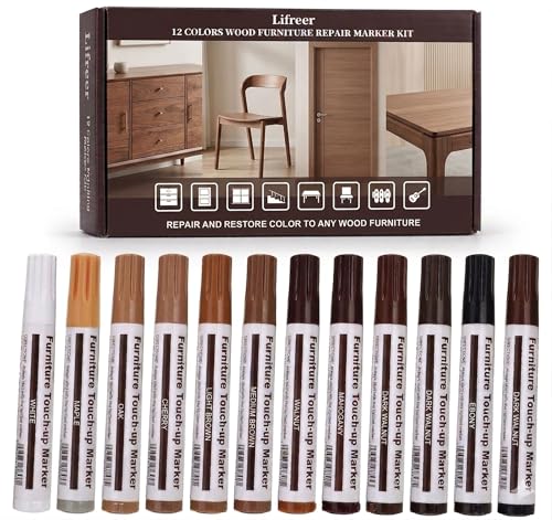 12 Colors Furniture Touch Up Markers, Wood Scratch Repair Markers for Scratches, Scuffs, Nicks on Furniture, Cabinets, Wood Floors, Tables, Doors, Trim & Bedposts