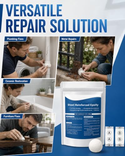 Steel Reinforced AB Epoxy Putty,High Strength Waterproof Heatproof Repair Clay,Multipurpose 2-Part Epoxy Filler for Pipes,Railings,Metal,Wood,Stone,Ceramic & Plastic Surface Restoration