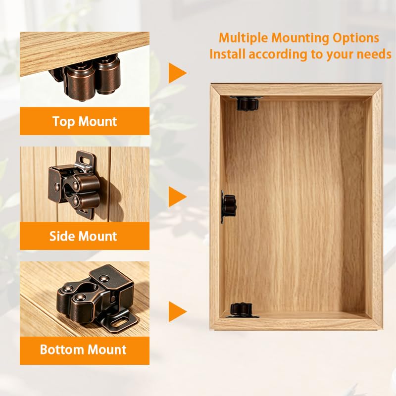 2 Pcs Cabinet Latch with Screws, Double Roller Catch Hardware for Closet Cupboard Doors, Heavy Duty Bronze Finish for Kitchen & Bathroom Cabinets