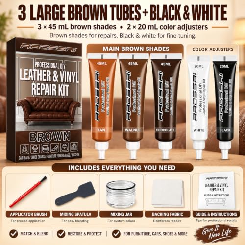 Brown Leather Repair Kit for Furniture & Couches, Car Seat Vinyl Repair Kit