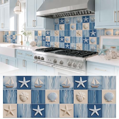30 Pcs Coastal Peel and Stick Backsplash Tile Stickers 3.94" x 3.94" Self Adhesive Waterproof Vinyl Wall Tiles Stickers for Kitchen Backsplash Bathroom Stair Risers Laundry Room(Classic) - style: Classic