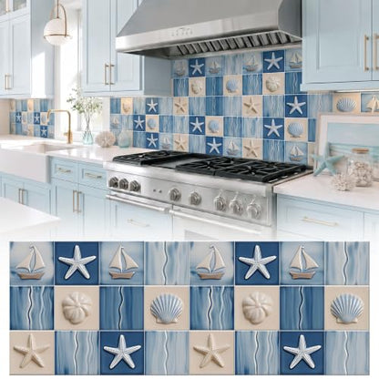 30 Pcs Coastal Peel and Stick Backsplash Tile Stickers 3.94" x 3.94" Self Adhesive Waterproof Vinyl Wall Tiles Stickers for Kitchen Backsplash Bathroom Stair Risers Laundry Room(Classic) - style: Classic