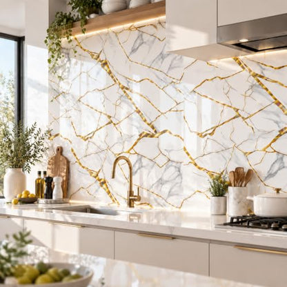 White Holographic Bold Gold Marble Peel&Stick Wallpaper 47.2x394in - color: White Holographic Bold Gold Marble, size: 47.2" x 394"