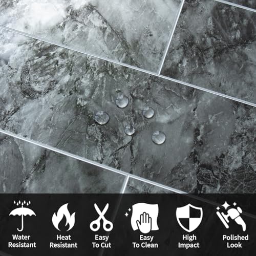 AULIGET 40-Piece Polished Dark Grey Marble Peel and Stick Backsplash Wall Tiles, 3" x 12" PVC Faux Stone Stick on Tiles for Backsplash Kitchen, Bathroom, Laundry Room, Camper, Fireplace - color: Polished Dark Grey Marble, size: 40 Pieces, 3"x12"x0.12"