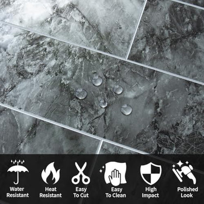AULIGET 40-Piece Polished Dark Grey Marble Peel and Stick Backsplash Wall Tiles, 3" x 12" PVC Faux Stone Stick on Tiles for Backsplash Kitchen, Bathroom, Laundry Room, Camper, Fireplace - color: Polished Dark Grey Marble, size: 40 Pieces, 3"x12"x0.12"