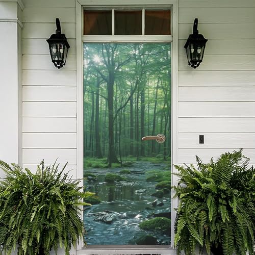Green River Jungle Froest Tree Moss Landscape Nature Door Stickers Decals Peel and Stick Removable Vinyl Waterproof Self Adhesive Wall Covers Poster for Home Office Decoration 30.3" W x 78.7" H