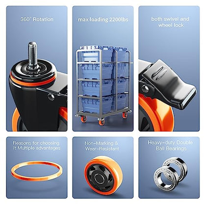 Caster Wheels Heavy Duty 3" Locking Caster Set of 4 Threaded Stem 1/2" - color: Orange, size: 3in(1/2"-13)