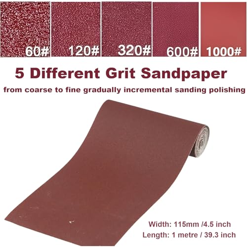 Sandpaper Roll 60# 120# 320# 600# 1000#, 5 PCS Aluminum Oxide Abrasive Emery Cloth Roll for Dry & Wet Grinding Sanding Polishing (Length 1 metre, Width 115 mm) - size: 5 Metre, style: 60/120/320/600/1000 Grit