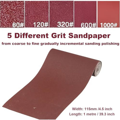 Sandpaper Roll 60# 120# 320# 600# 1000#, 5 PCS Aluminum Oxide Abrasive Emery Cloth Roll for Dry & Wet Grinding Sanding Polishing (Length 1 metre, Width 115 mm) - size: 5 Metre, style: 60/120/320/600/1000 Grit