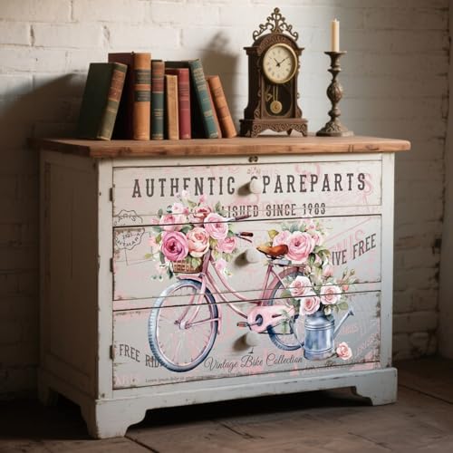 PLIGREAT 3 Sheets Flower Bicyle Rub on Transfer Stickers for Crafts Waterproof UV Pink Floral Rub on Decals for Furniture Cabinet Dressers Ceramic Scrapbooking Transfer Paper, 6"x12" - style: Flower Bicyle