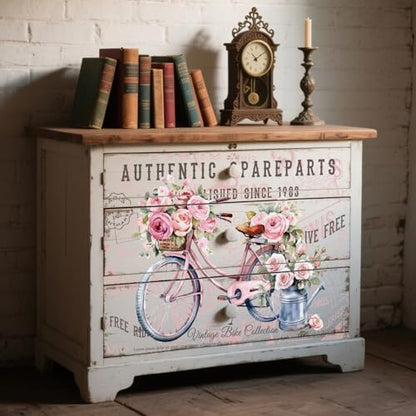 PLIGREAT 3 Sheets Flower Bicyle Rub on Transfer Stickers for Crafts Waterproof UV Pink Floral Rub on Decals for Furniture Cabinet Dressers Ceramic Scrapbooking Transfer Paper, 6"x12" - style: Flower Bicyle