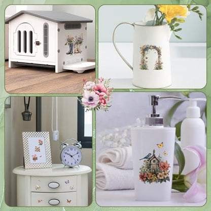 WANDIC 10 Sheets 30 Pcs Rub On Transfers for Crafts, Vintage Flower Rub on Transfers Butterfly Waterproof Furniture Stickers for Wood Glass Plastic Leather Window Easter Cards DIY Craft, 11.8 * 3.9in