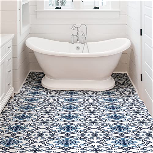 FloorPops Marrakesh Peel and Stick Floor Tiles, Blue, Floral Vinyl Floor Tiles, Water Resistant, 12 in x 12 in, Pack of 10 - size: 12"L x 12"W x 0.06"T